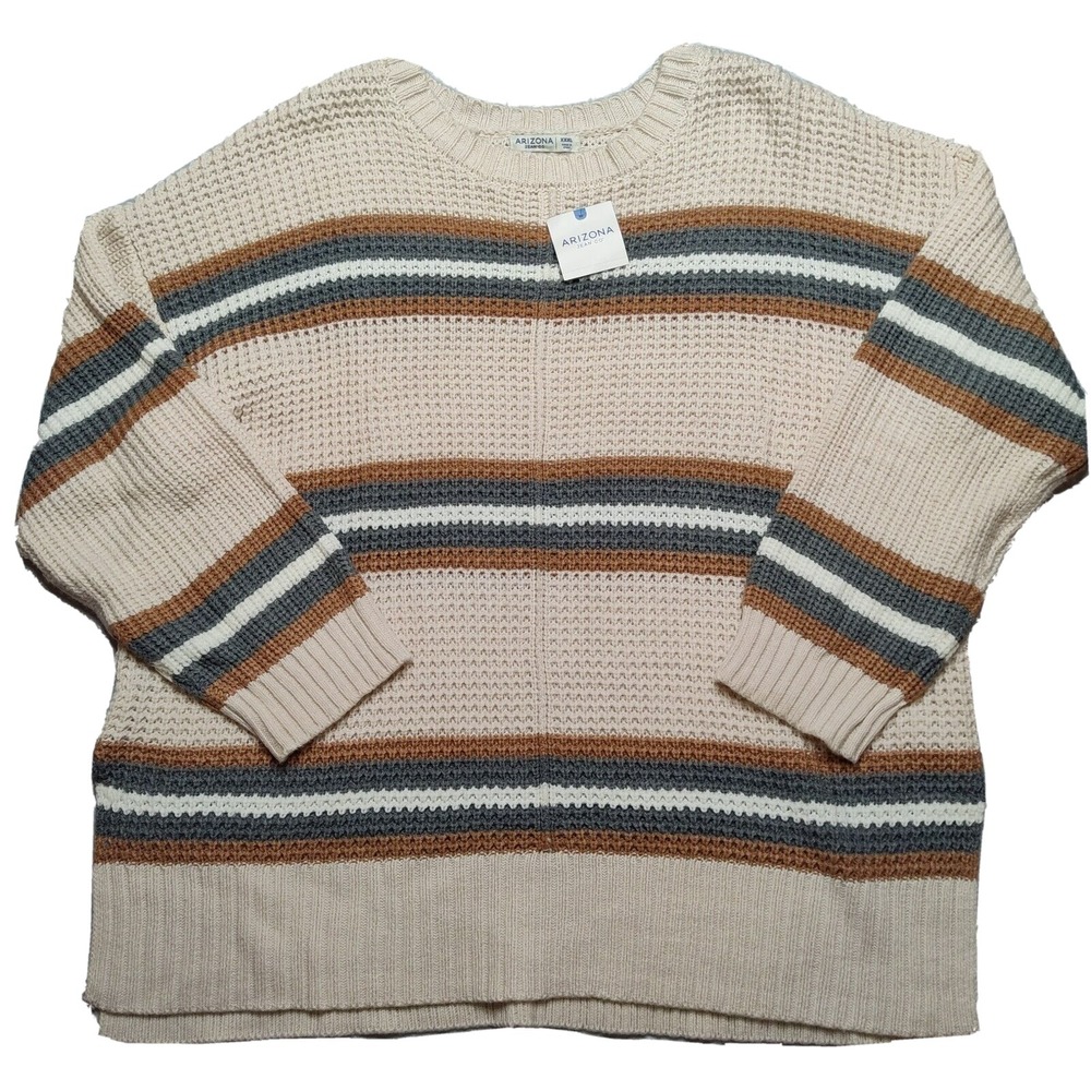 Arizona Jean Women 3XL Acrylic Chunky Knit‎ Pullover Oatmeal Striped Sweater NEW